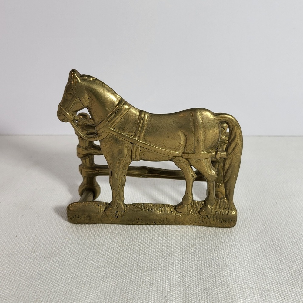 Vintage Solid Brass Miniature Horse & Fence Stand | Tiny Business Card Holder
